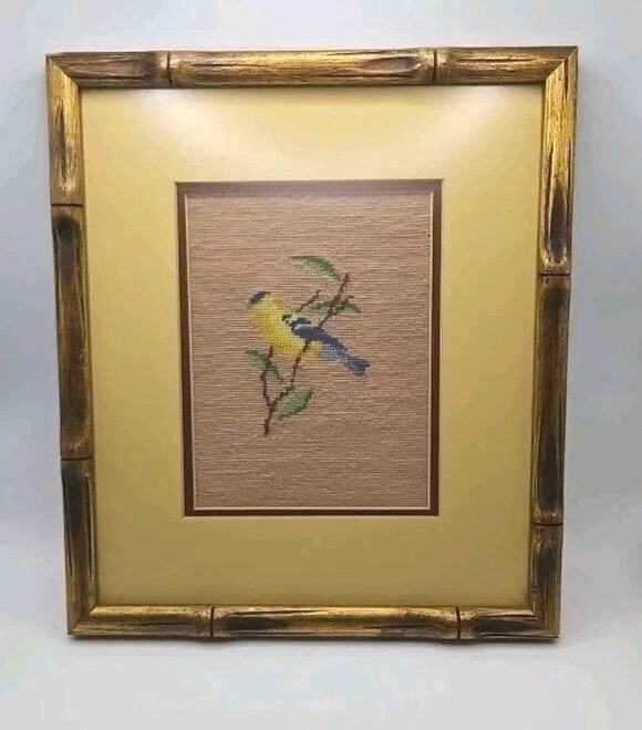 Handmade Other - 12x10in Needlepoint Bluebird On Branch Vintage Floral Cottagecore Bamboo Frame